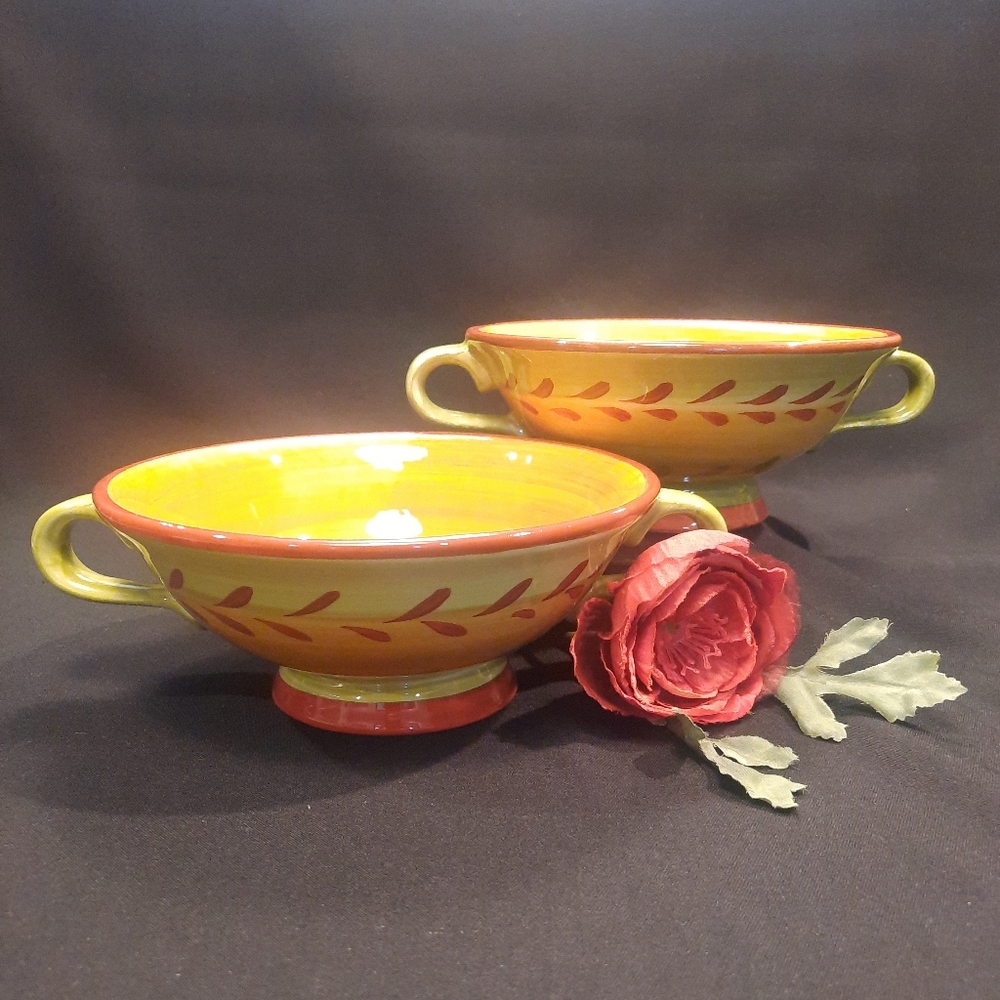 Houston Harvest Ceramic Pedestal Soup Bowl with Handles ~ Set of 2